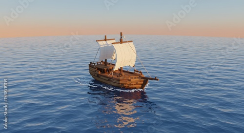 Wooden Sailing Ship on Calm Ocean at Sunset, Tranquil Waterscape, 3D Render.