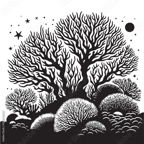 Black Coral Reef Silhouette Vector, High Quality Illustration on White Background