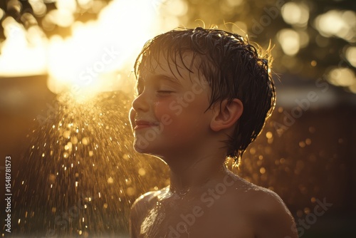 Sprinkler Yard: Happy Boy Playing with Water Sprinkler under Summer Sunlight