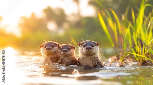 Three Otters Playing in Calm River at Golden Hour
