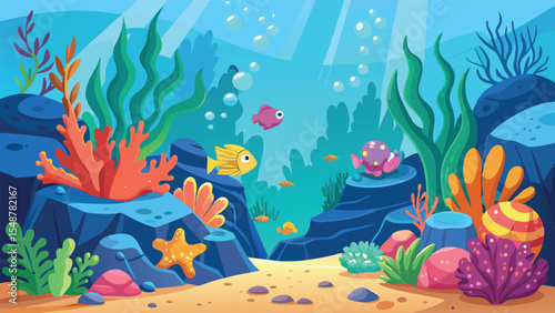Cartoon Underwater Scene for Kids. Cute Vector Illustration of an Ocean World with Fish, Coral, and Bubbles. Children's Sea Life Background