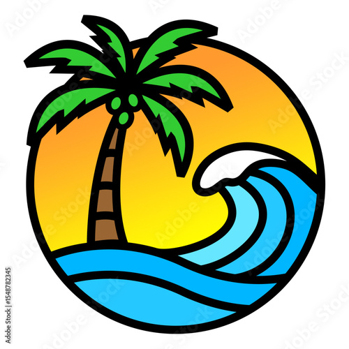 Tropical Sunset Beach Scene Palm Tree and Ocean Wave Illustration