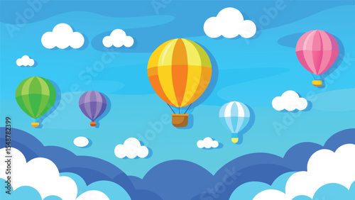 Cute Cartoon Hot Air Balloon Scene for Kids. Vector Illustration of a Colorful Sky with Balloons. Children's Birthday Card or Wallpaper Background