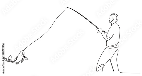 continuous one line drawing of a man fishing and catching a fish