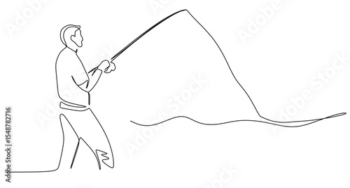 continuous one line drawing of a man fishing