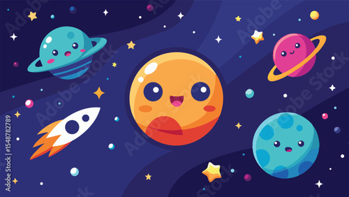  Cartoon Space Background for Kids. Cute Vector Illustration of the Solar System with Planets, Stars, and a Rocket. Children's Galaxy Scene