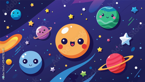  Cartoon Space Background for Kids. Cute Vector Illustration of the Solar System with Planets, Stars, and a Rocket. Children's Galaxy Scene