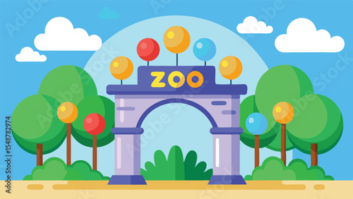 Cartoon Zoo Entrance Background for Kids. Cute Vector Illustration of a Zoo Gate with Animals. Children's Park or Field Trip Scene