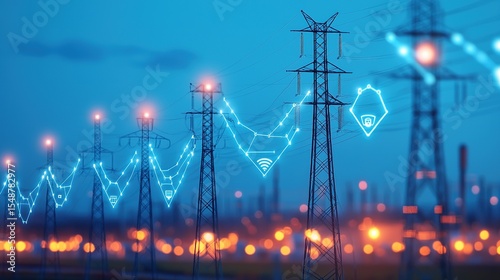 High-voltage power lines and pylons transmit electricity across a cityscape at dusk, highlighted by digital connectivity graphics.
