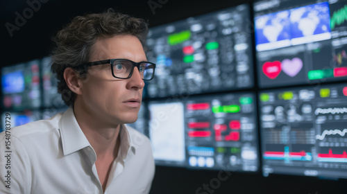 Data Analyst Examining a Data Visualization Display: An astute data analyst, his face illuminated by the glow of multiple screens. Intently focuses on a complex data visualization.