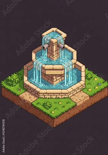 Pixel Art Isometric Fountain: Tranquil Water Feature in Lush Garden