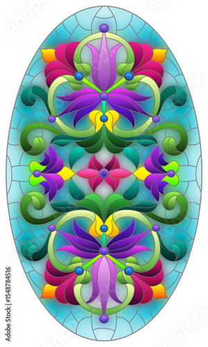 llustration in stained glass style with abstract flowers, leaves and curls on a blue background, horizontal oval image