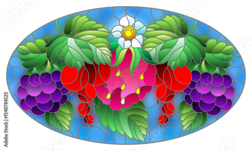 An illustration in stained glass style with ripe berries and leaves on a blue background, horizontal orientation, oval image