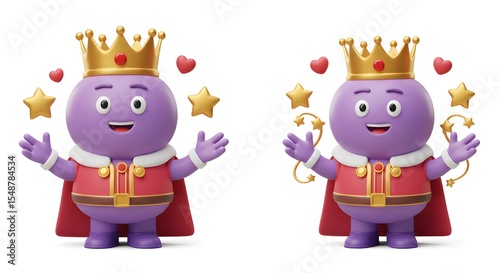 Cheerful Purple King Character with Crown, Hearts, and Stars, 3D Render.