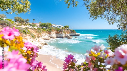 Turquoise Ocean and Golden Cliffs Framed by Vibrant Flowers and Lush Greenery on a Sunny Day Coastal Paradise