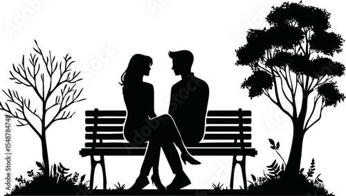 Silhouette of couple sitting together on park bench vector style on white background