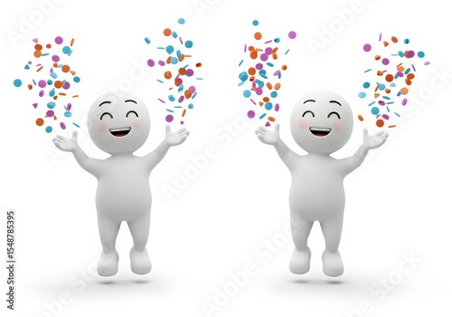 Joyful 3D Characters Celebrate with Colorful Confetti on White Background