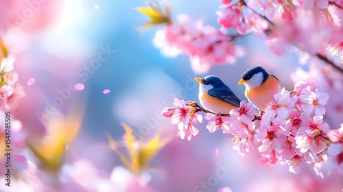 Two Birds Perched on Pink Cherry Blossom Branch in Pixelated Art Against Sky