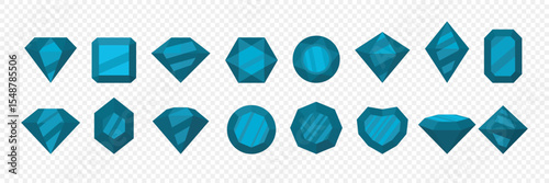 Blue Gemstone Vector Set. Sapphire, Diamond, Crystal, Gem Icons for Jewelry, Game Graphics, Treasure, Magic, Flat Gemstones, Glossy Jewels, Faceted Stones, Cartoon Crystal Collection