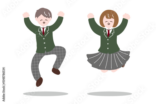 元気にジャンプする男子高生と女子高生