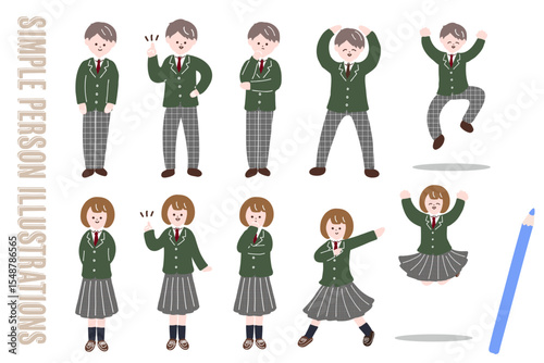 表情豊かな男女の中高生キャラ素材全身ポーズセット