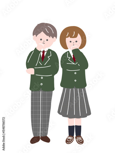 悩む女子高生と男子高生　男女の制服姿の学生のイラスト