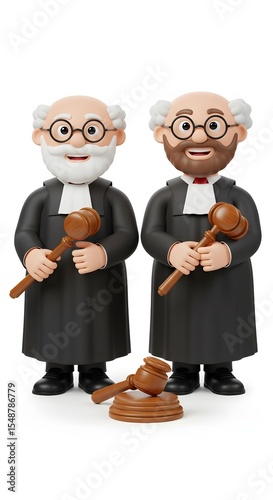 Cartoon Judges with Gavel: 3D Rendered Illustration on White Background.