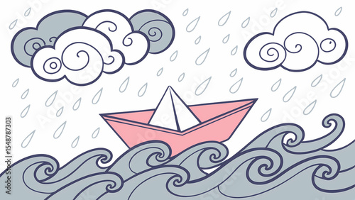 Paper boat sailing in the rainstorm vector illustration stormy weather papercraft origami boat on waves