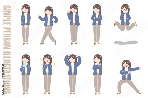 手描き風ビジネスウーマンの全身ポーズセット