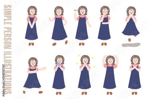手描き風女性キャラの全身ポーズセット