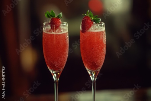 Strawberry Champagne. Rossini Cocktail with Fresh Strawberry Puree and Ice in Champagne Glasses