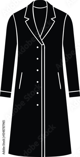 Sleek black overcoat with white trim and multiple buttons illustration