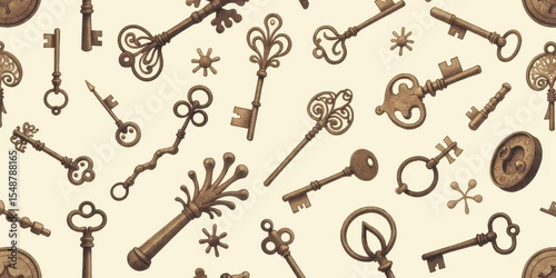 Vintage bronze keys seamless pattern on cream background