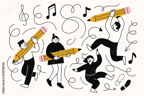 Creative Dance and Music Illustration with Giant Pencils – Artistic Doodle Vector