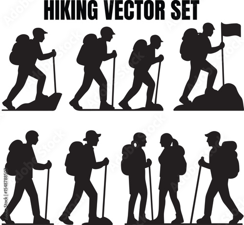 A versatile collection of black vector silhouettes featuring people, including men, women, and business groups, in various walking and standing poses, like a hiking vector set