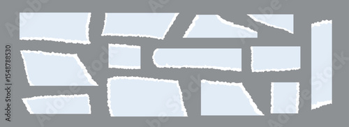 Light blue torn paper pieces set. Ripped paper sheet strips collection. Shapes and elements with jagged uneven edges for collage, text box, banner, sticker, poster. Vector textured cardboard fragments