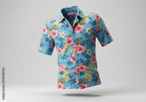 Floating Hawaiian Shirt: Vibrant Floral Print on Light Blue Fabric.