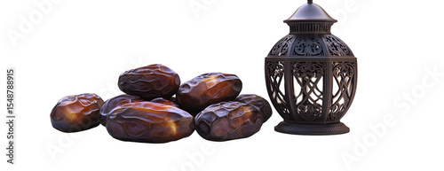 Ramadan Kareem: A Still Life Featuring Dates and an Ornate Lantern on Black Background