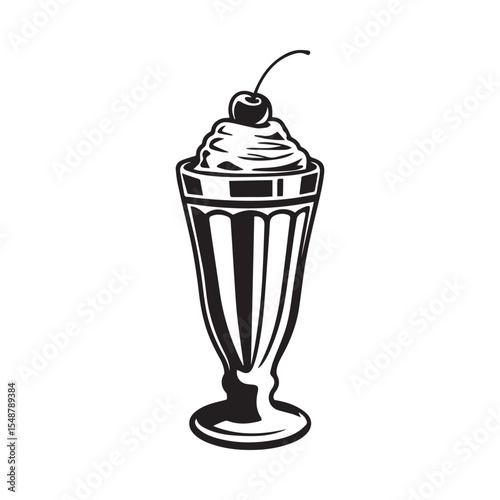 Milkshake Glass with Cream and Cherry Silhouette Icon Vector