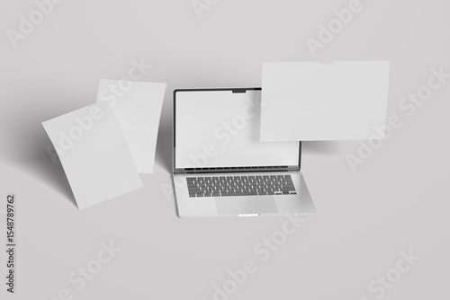 Laptop screen mockup. Realistic laptop in different positions, with flyer a4 mockup design.