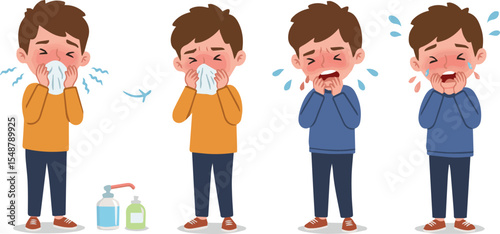 Create a Kid Character Sneezing and Coughing. Boy Have Respiratory Disease with Runny Nose Symptoms. Flu Virus and Infection. Hygiene and Treatment Concept. vector art with white background.