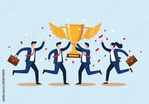 Victory in Business: Team Celebrating Success with a Trophy and Confetti.