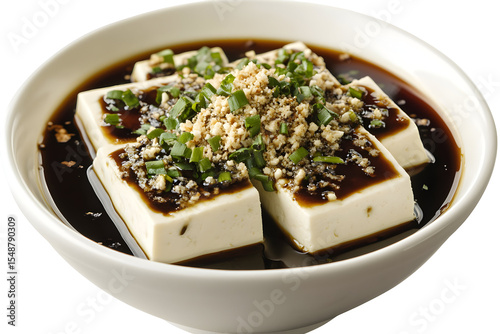 Delicious Japanese cold tofu, hiyayakko, with soy sauce, ginger, and scallions