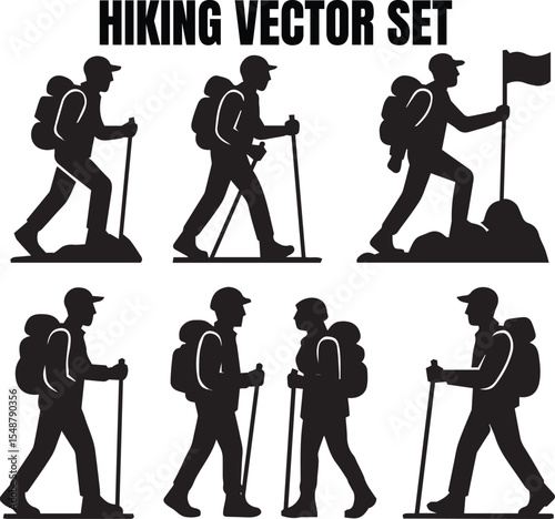 A versatile collection of black vector silhouettes featuring people, including men, women, and business groups, in various walking and standing poses, like a hiking vector set