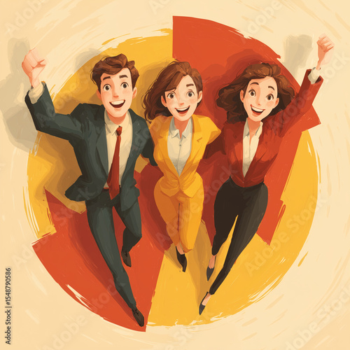 Three people are smiling and wearing business attire. They are standing on a circle with a red and yellow background