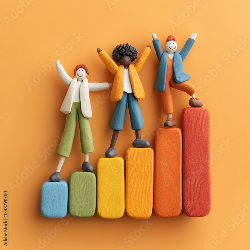 Three people are standing on a series of blocks, with one person on the top block, one in the middle, and one on the bottom. The blocks are arranged in a rainbow pattern