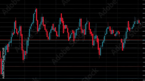 A colorful candlestick stock chart displaying fluctuating market prices with horizontal support and resistance lines on a dark background.