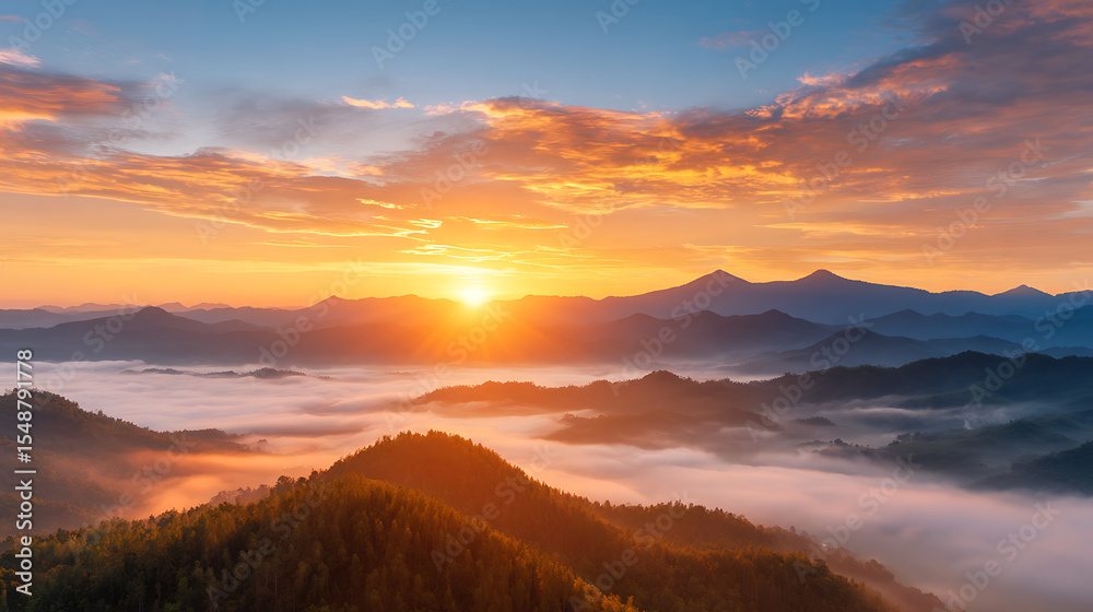Obraz premium Breathtaking sunrise over mountain peaks with vibrant clouds and sky