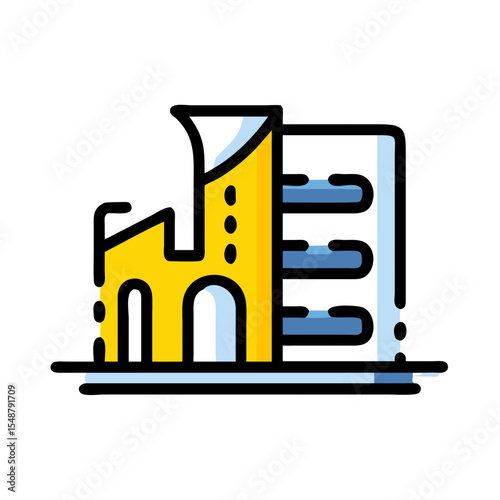 Modern architecture building icon displaying an abstract city structure for urban development or real estate vector symbol concept
