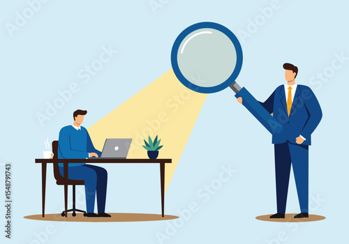 Insightful Oversight: Business Professional Analyzing Work with a Magnifying Glass, Symbolizing Supervision and Attention to Detail.